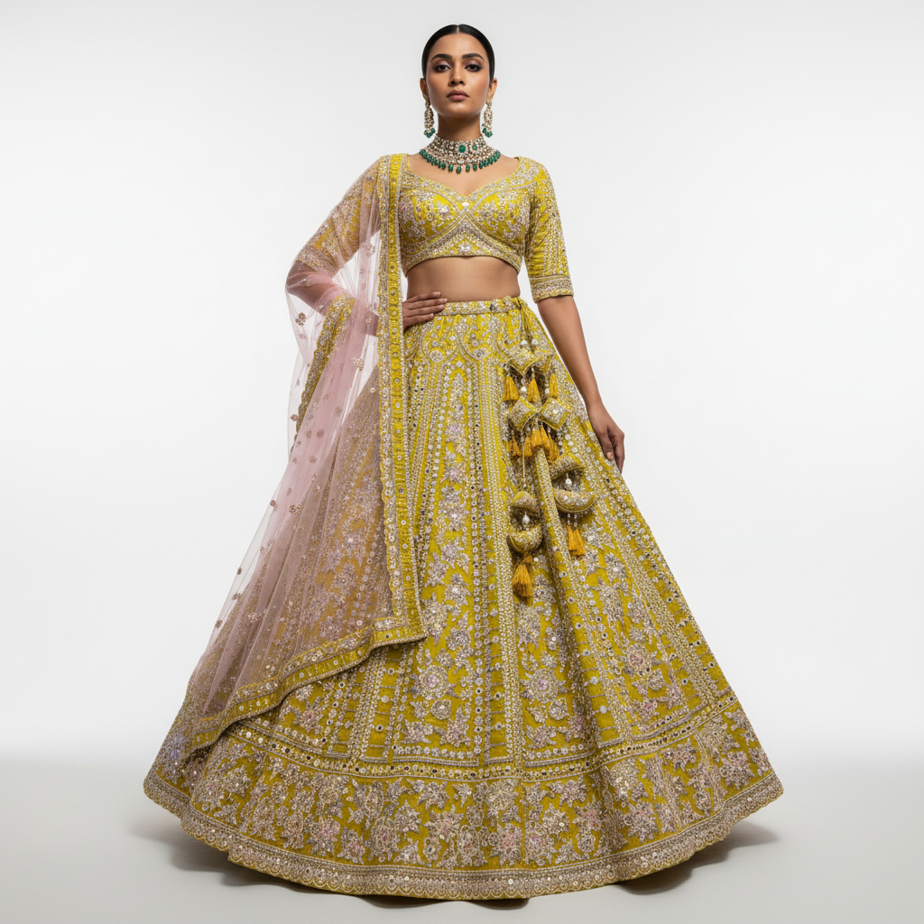 Damsel - Raw Silk Mirror Handwork Designer Couture Lehenga