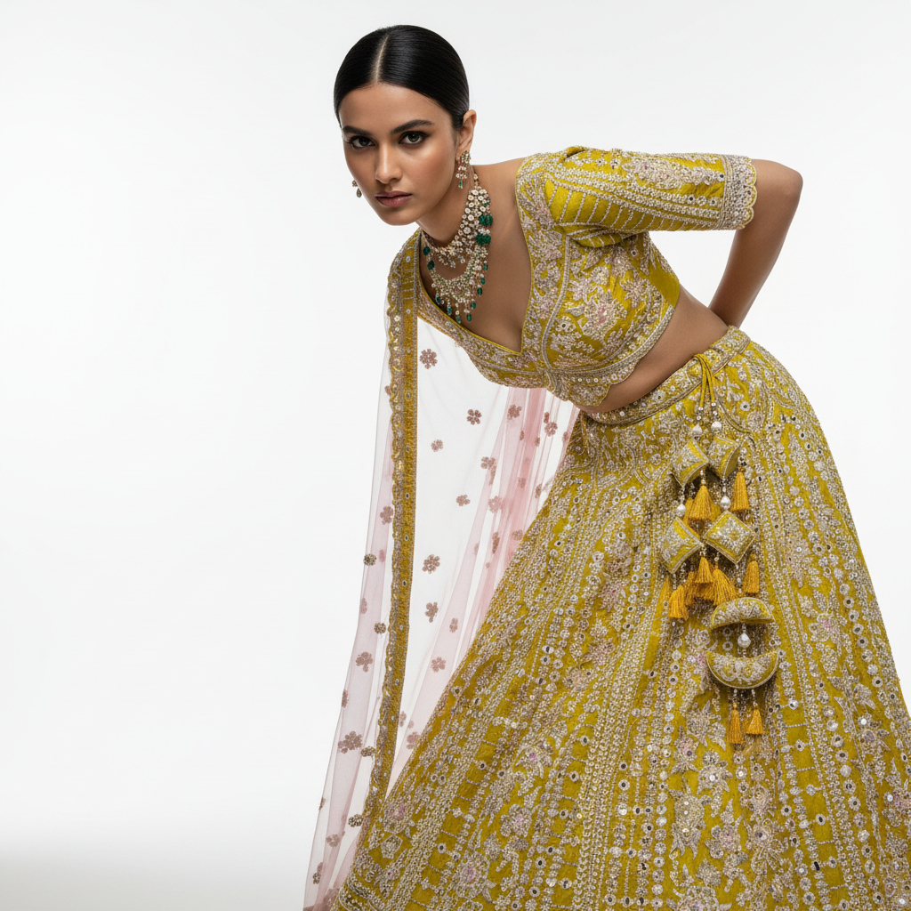 Damsel - Raw Silk Mirror Handwork Designer Couture Lehenga