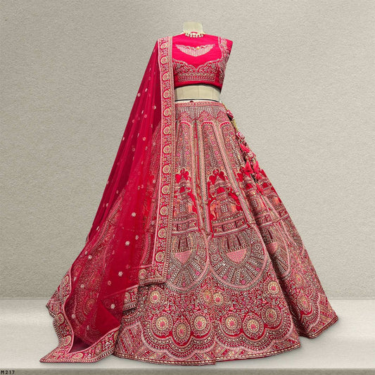 Amrapali - Big Flared Raw Silk Fuchsia Red Royal Wedding Lehenga