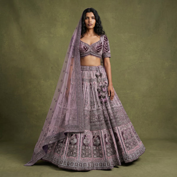 Mystic lavender velvet lehenga skirt with ornate embroidered-style pattern and border