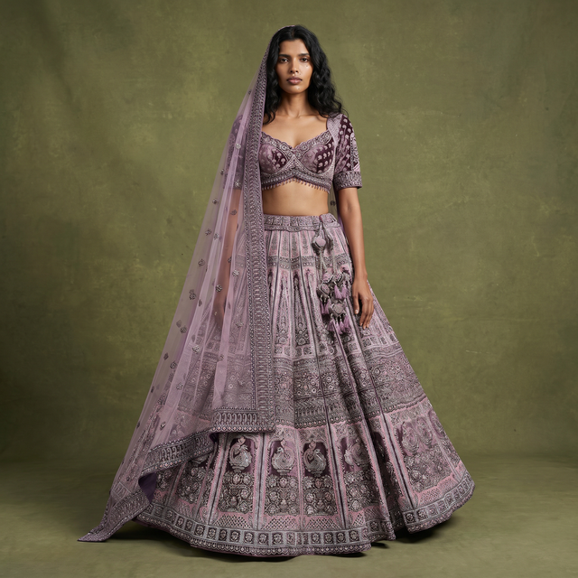 Lavender velvet lehenga set with embroidered blouse, flared skirt, and sheer dupatta