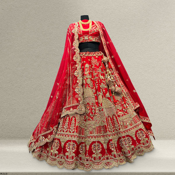 Amrapali - Figure Pattern Handwork Raw Silk Royal Red Bridal Lehenga