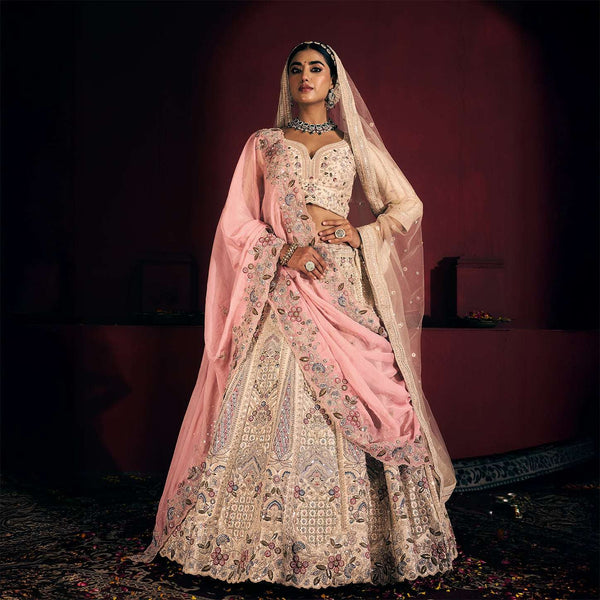 Rosé - Embroidered Raw Silk Off White Bridal Wear with Double Dupatta