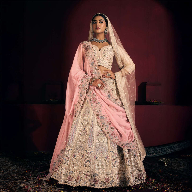 Rosé - Embroidered Raw Silk Off White Bridal Wear with Double Dupatta