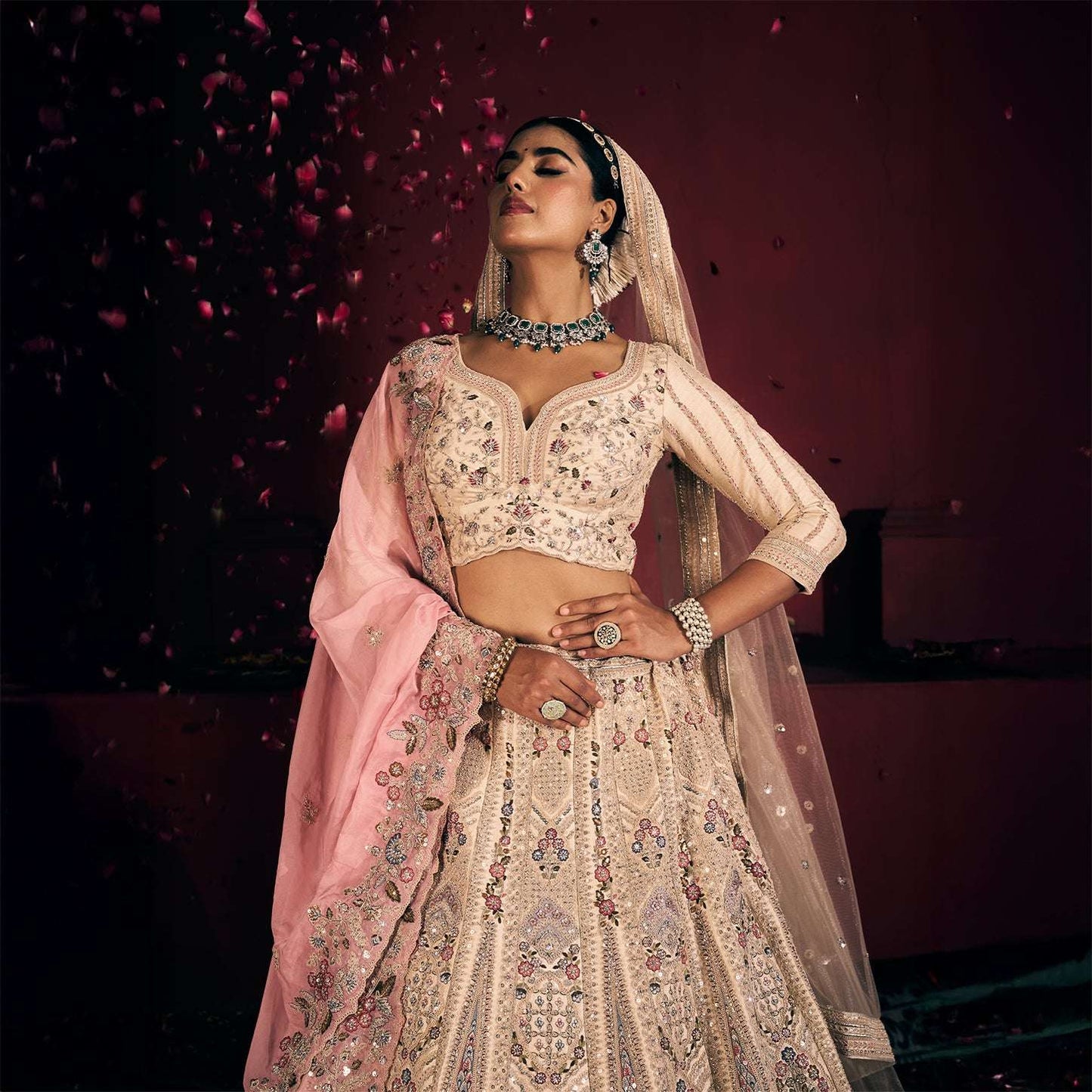 Rosé - Embroidered Raw Silk Off White Bridal Wear with Double Dupatta