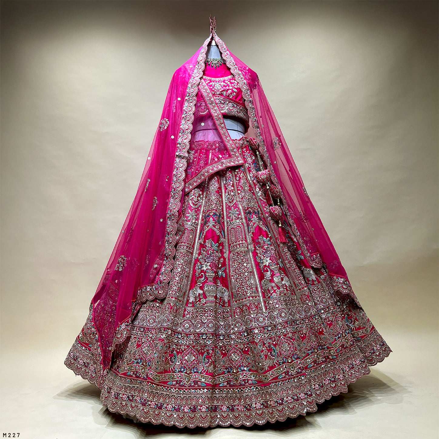 Sangria : Double Dupatta Big Flared Raw Silk Rani Pink Bridal Lehenga