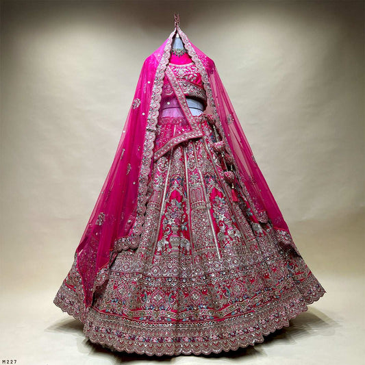Sangria : Double Dupatta Big Flared Raw Silk Rani Pink Bridal Lehenga