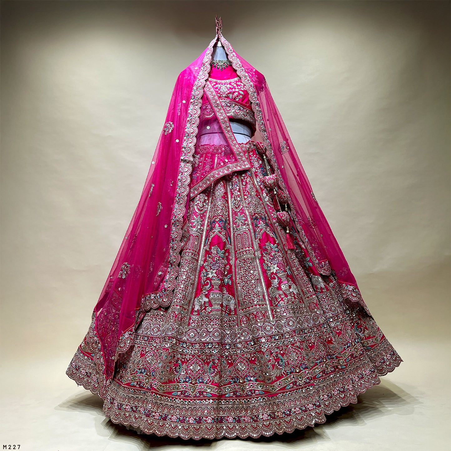 Sangria : Double Dupatta Big Flared Raw Silk Rani Pink Bridal Lehenga