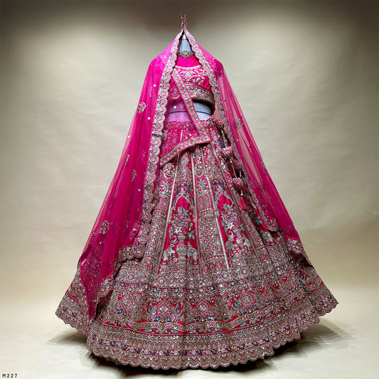 Sangria : Double Dupatta Big Flared Raw Silk Rani Pink Bridal Lehenga