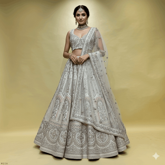 Damsel - Raw Silk Off White Flared Designer Couture Lehenga