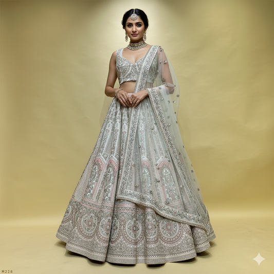 Damsel - Raw Silk Off White Flared Designer Couture Lehenga