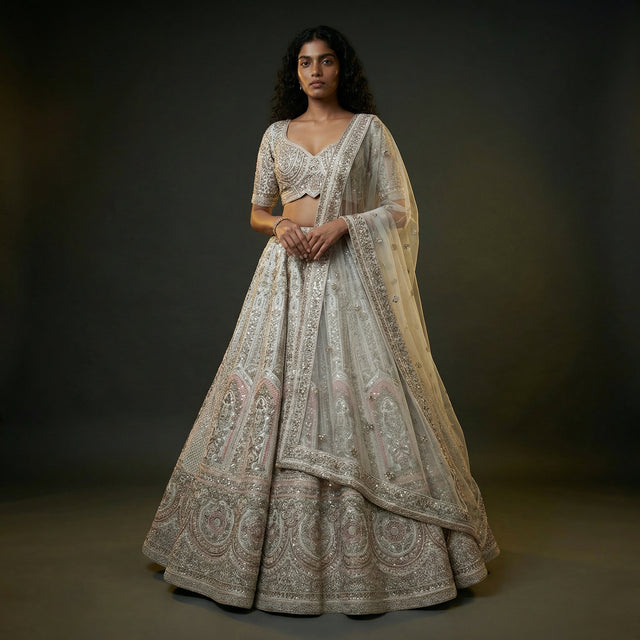 Off-white raw silk flared lehenga with ornate embroidery and matching sheer dupatta