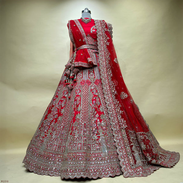 Dulhan in Royal Red Bridal Lehenga : Double Dupatta Raw Silk Flared Lehenga