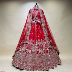 Sangria : Cutdana Pearls Handwork Royal Red Bridal Lehenga