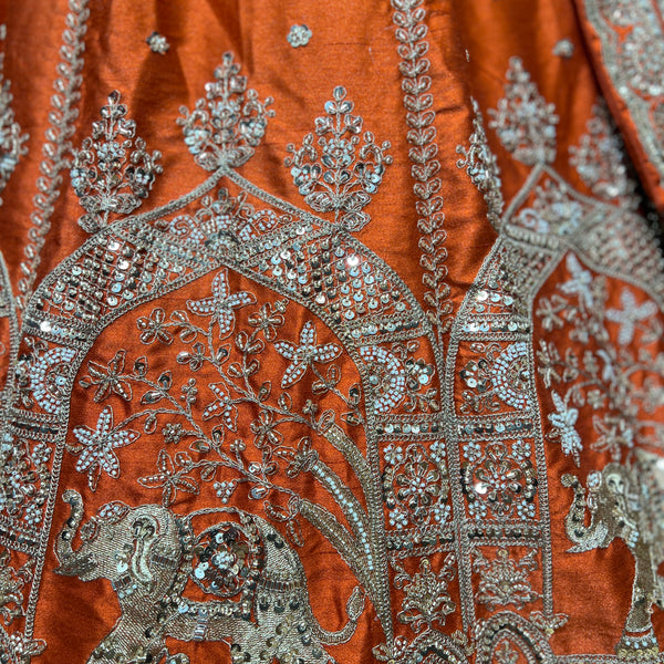 Sangria : Cutdana Pearls Handwork Rust Orange Bridal Lehenga
