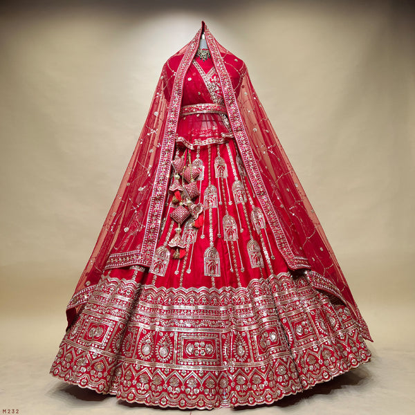 Sangria : Cutdana Pearls Handwork Royal Red Bridal Lehenga
