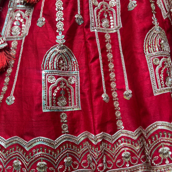 Sangria : Cutdana Pearls Handwork Royal Red Bridal Lehenga