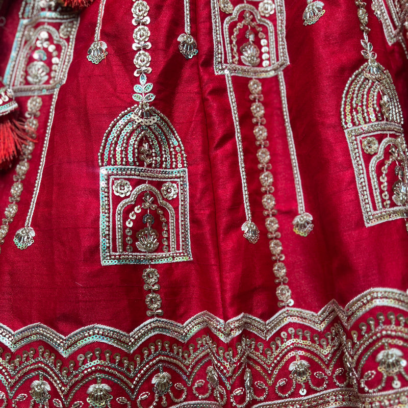 Sangria : Cutdana Pearls Handwork Royal Red Bridal Lehenga