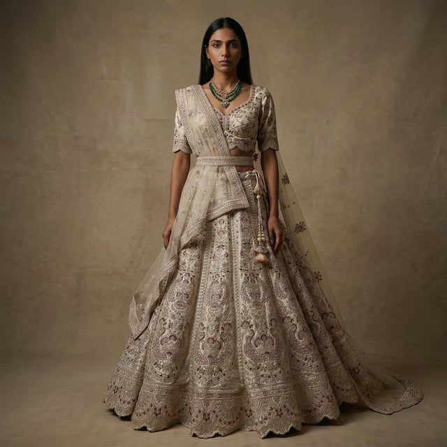 Ivory bridal lehenga with short sleeves and decorative dupatta, detailed mirror-zari work