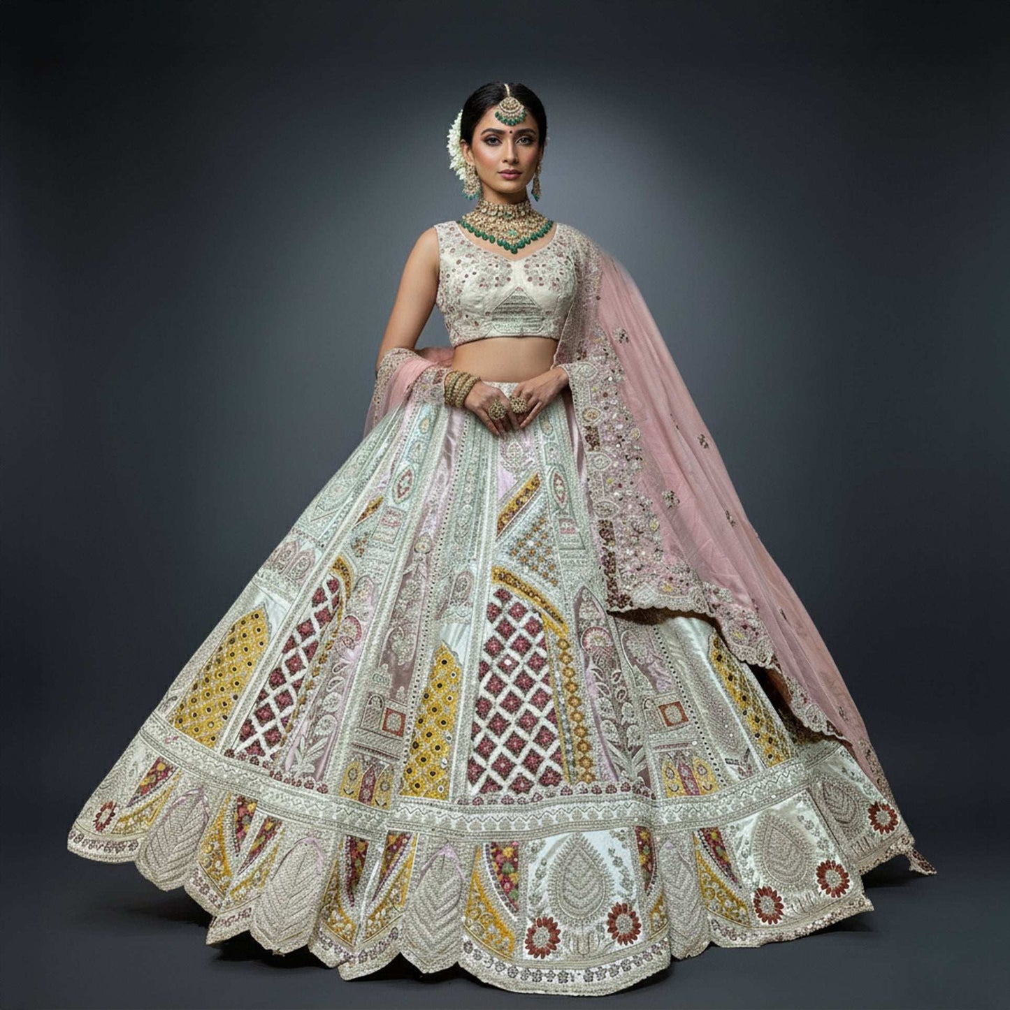 Damsel - Raw Silk Multicolor Work Flared Bridal Reception Lehenga