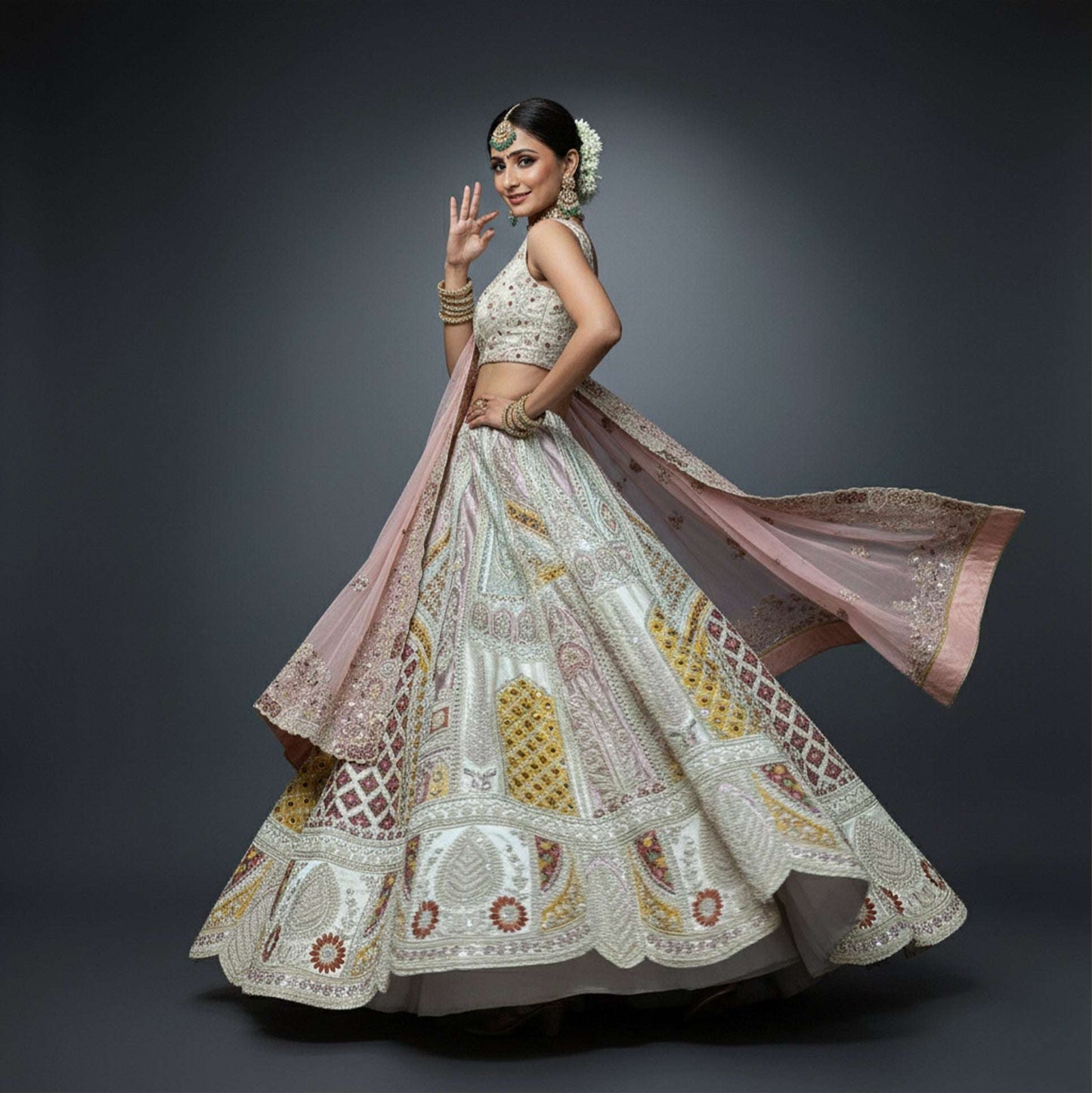 Damsel - Raw Silk Multicolor Work Flared Bridal Reception Lehenga