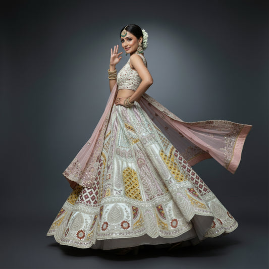 Damsel - Raw Silk Multicolor Work Flared Bridal Reception Lehenga