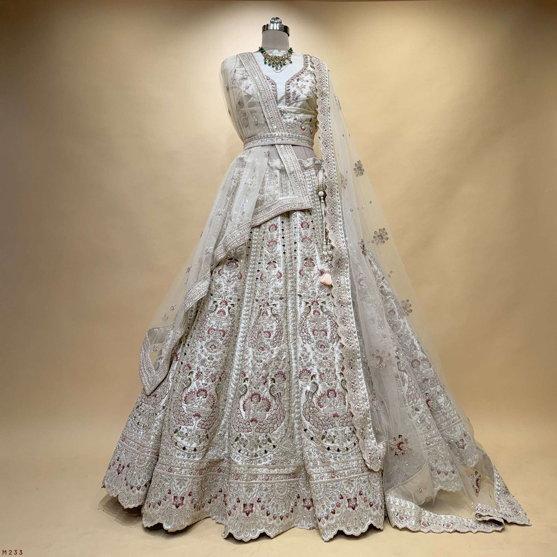 Rosé - Double Dupatta Raw Silk Ivory Bridal Reception Lehenga