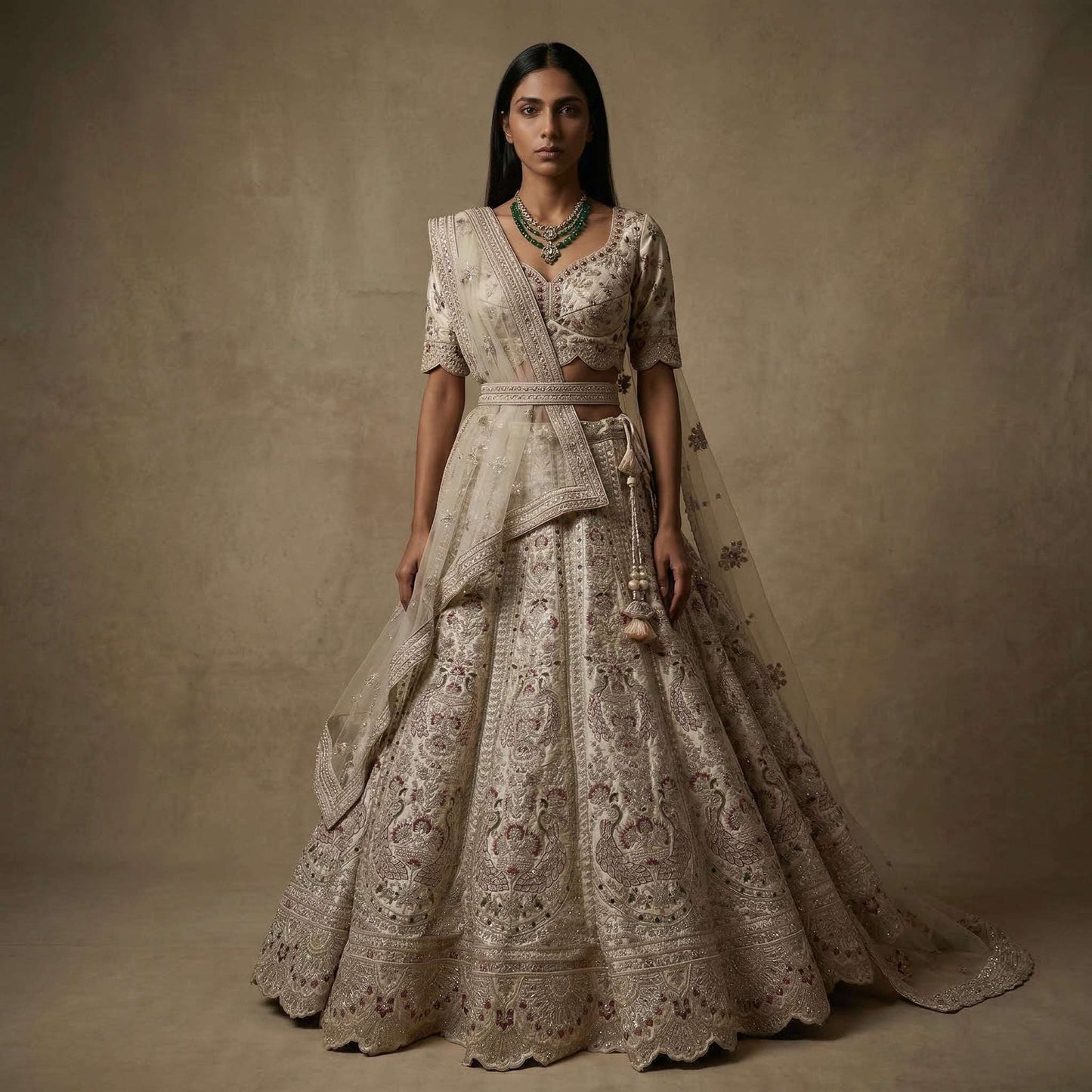 Rosé - Double Dupatta Raw Silk Ivory Bridal Reception Lehenga