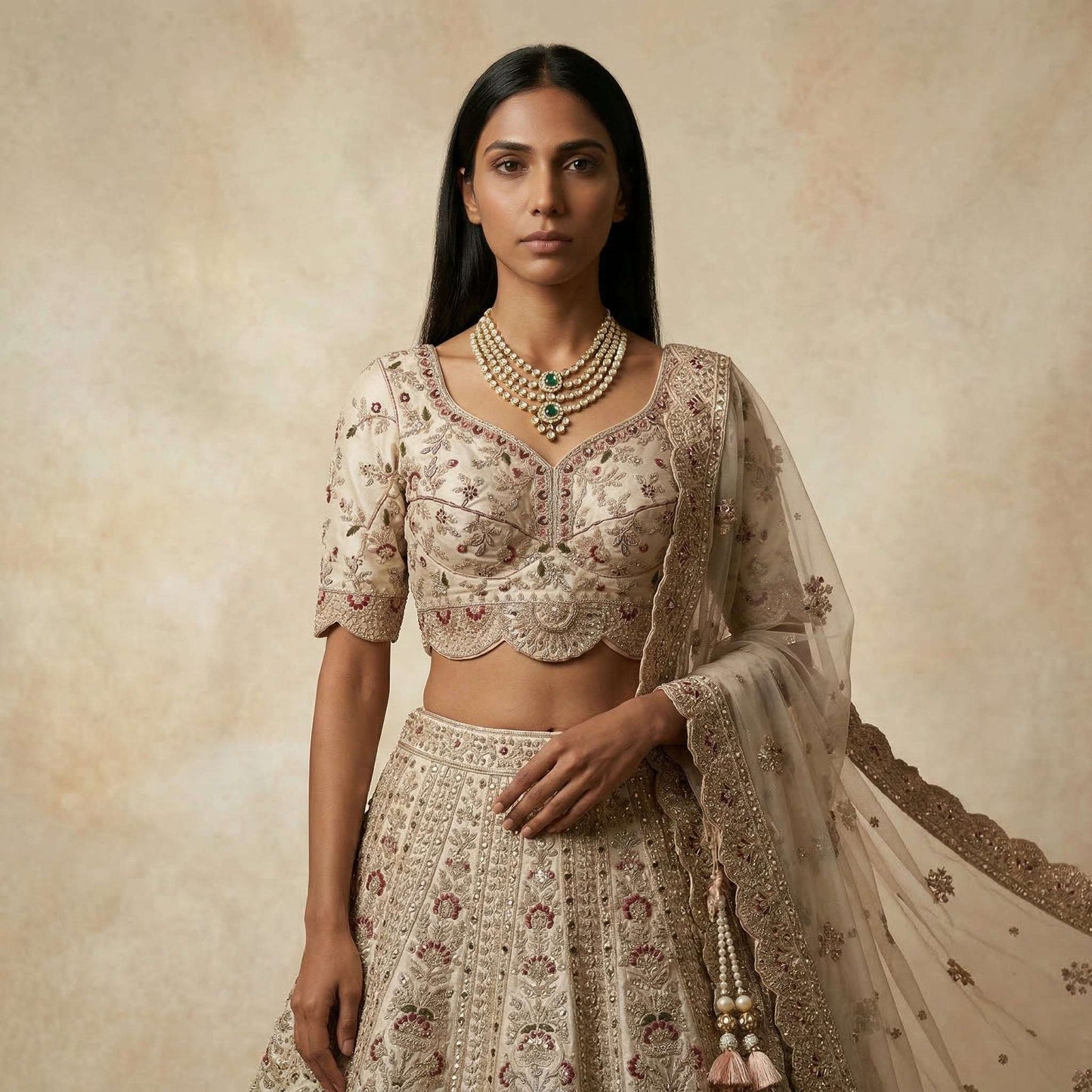 Rosé - Double Dupatta Raw Silk Ivory Bridal Reception Lehenga