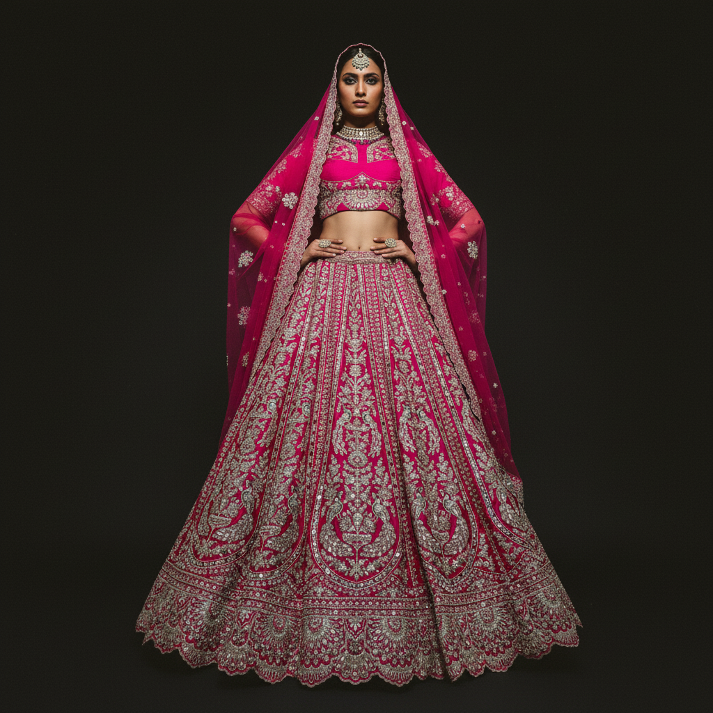 Sangria : Double Dupatta Rani Pink Royal Look Flared Bridal Lehenga