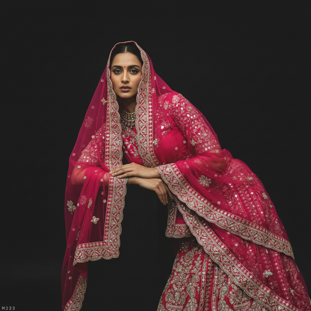 Sangria : Double Dupatta Rani Pink Royal Look Flared Bridal Lehenga