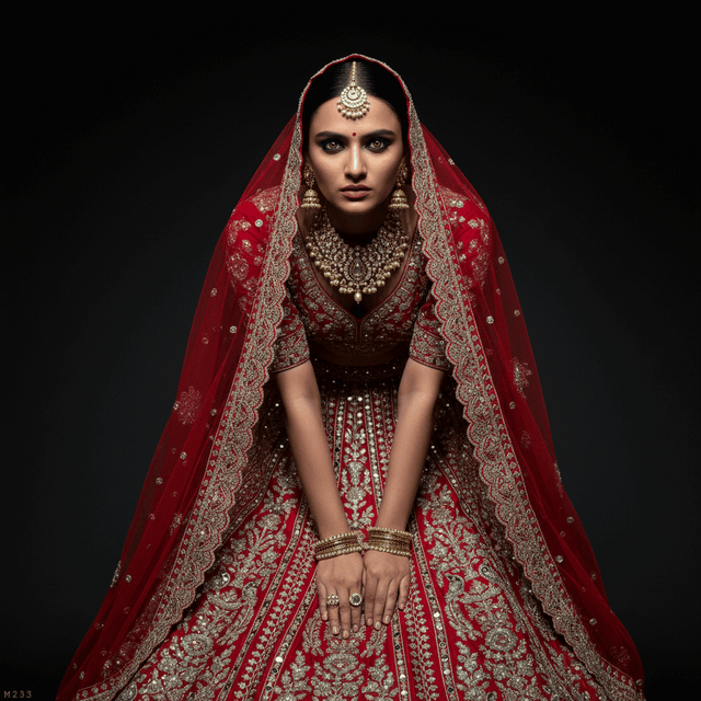Red bridal lehenga with embroidered V-neck blouse and face-framing dupatta
