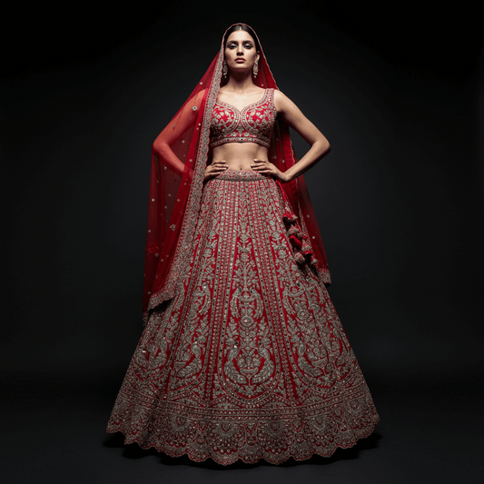 Sangria : Double Dupatta Royal Red Flared Bridal Lehenga