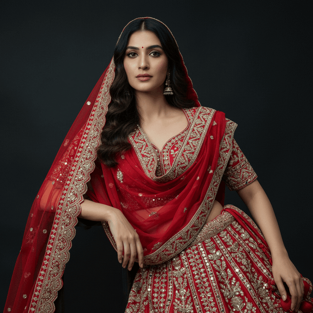 Red bridal lehenga with draped dupatta, ornate border trim, V-neck blouse