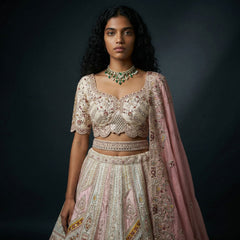 Close-up of the heavy ivory blouse with scalloped neckline, mirror work and floral sprigs, with baby pink organza dupatta