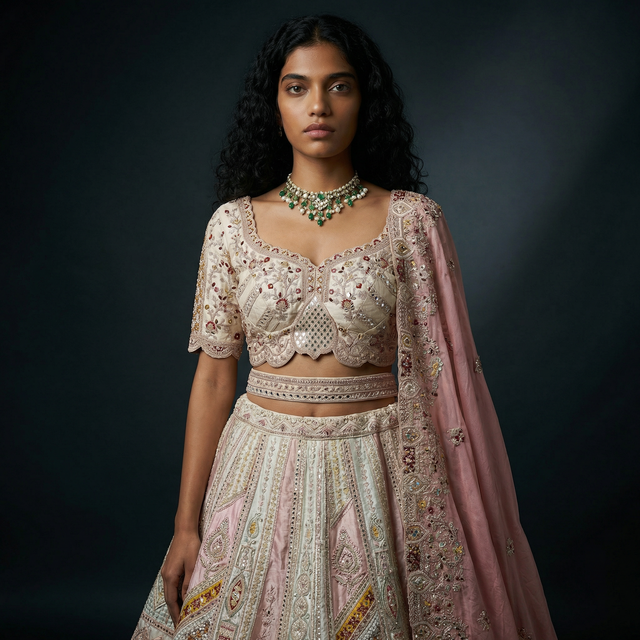 Pastel embroidered lehenga set with scalloped blouse, patchwork skirt, and dupatta