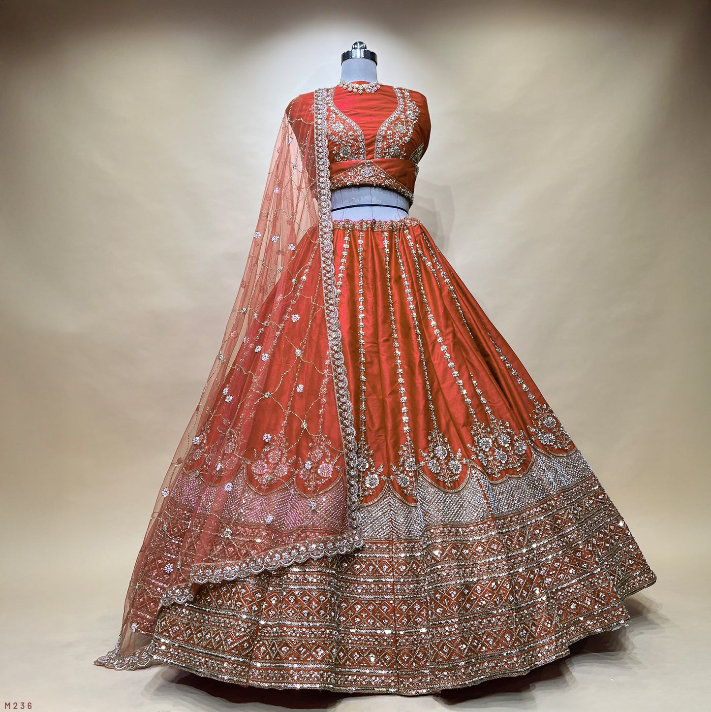 Sangria : Cutdana Beads Handwork Rust Orange Bridal Lehenga