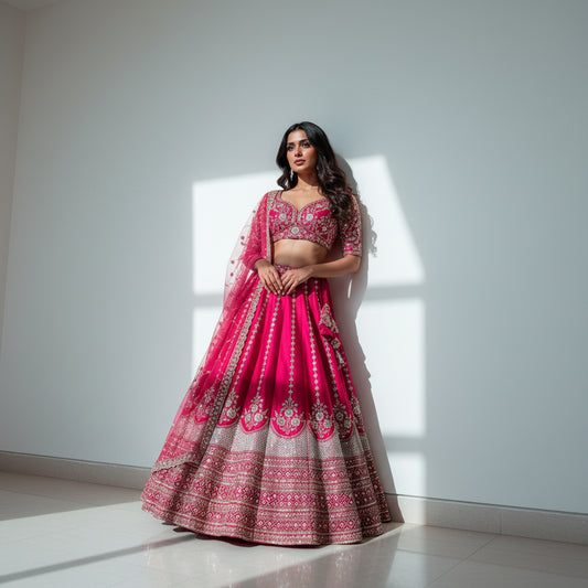 Sangria : Cutdana Beads Handwork Rani Pink Bridal Lehenga