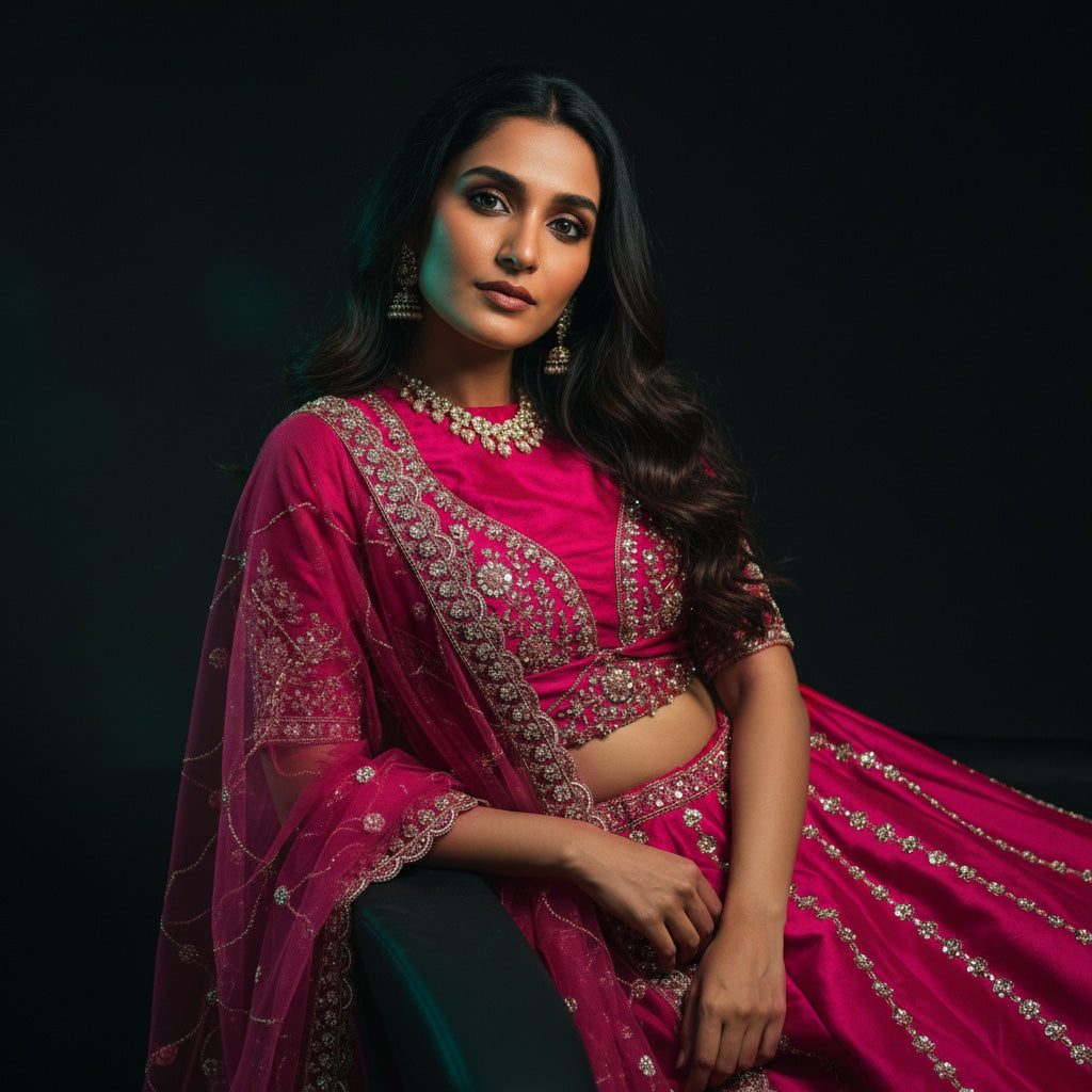 Sangria : Cutdana Beads Handwork Rani Pink Bridal Lehenga