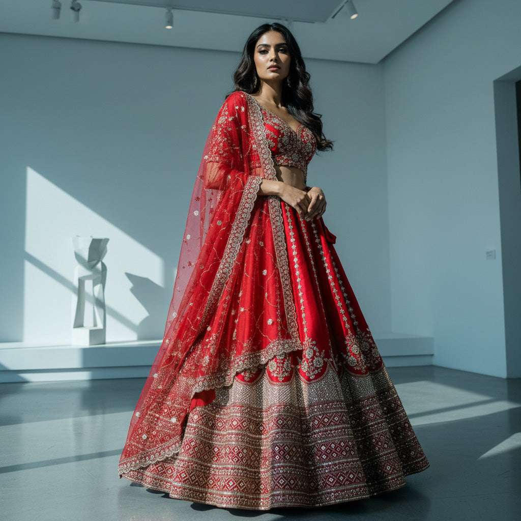 Sangria : Cutdana Beads Handwork Royal Red Bridal Lehenga