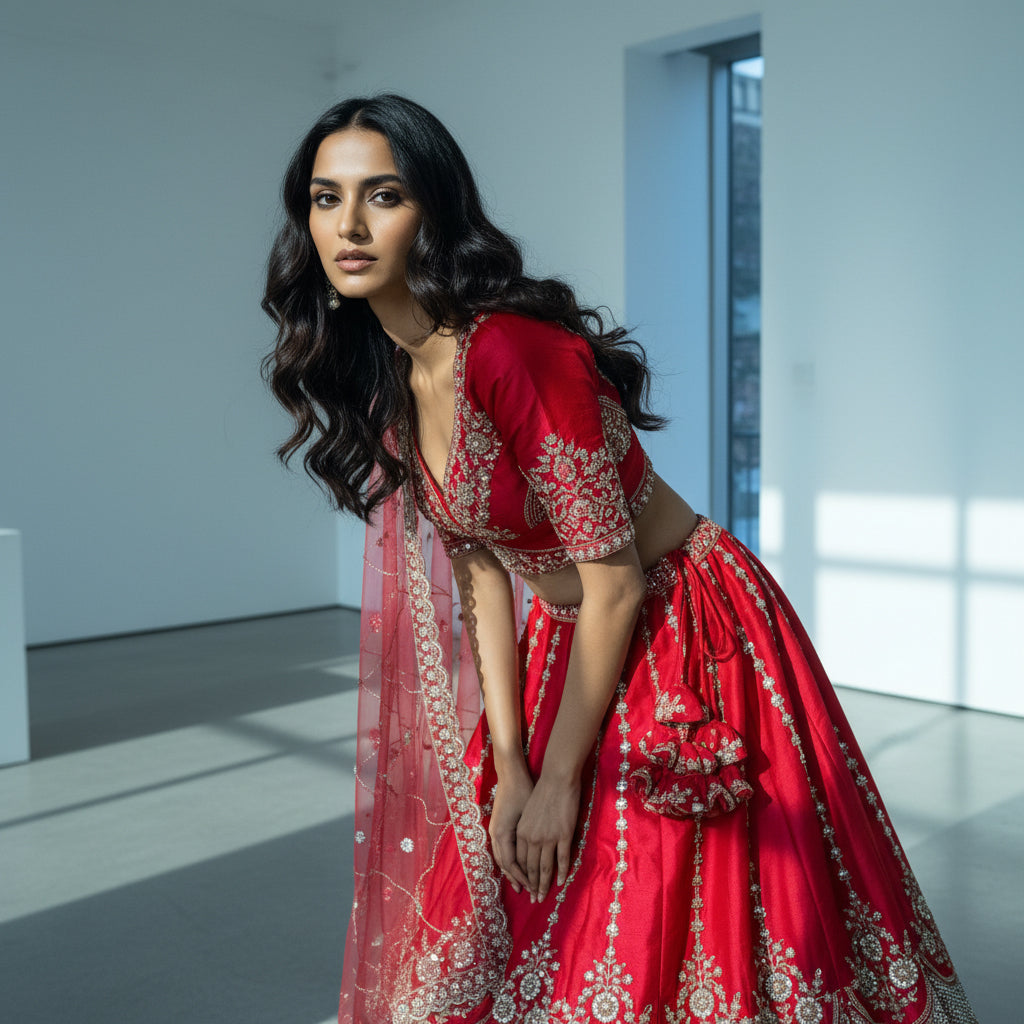 Sangria : Cutdana Beads Handwork Royal Red Bridal Lehenga