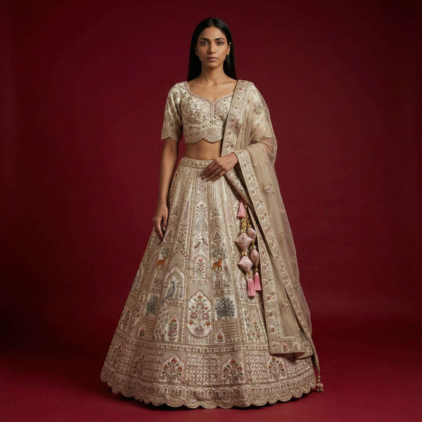 Rosé - Double Dupatta Handworked Ivory Bridal Reception Lehenga