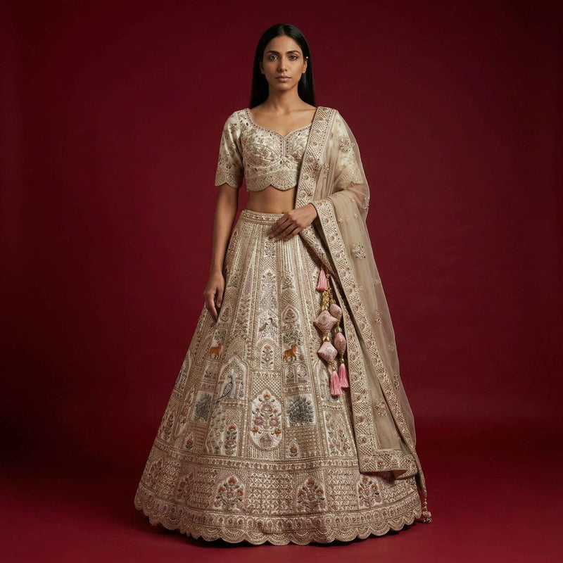Rosé - Double Dupatta Handworked Ivory Bridal Reception Lehenga