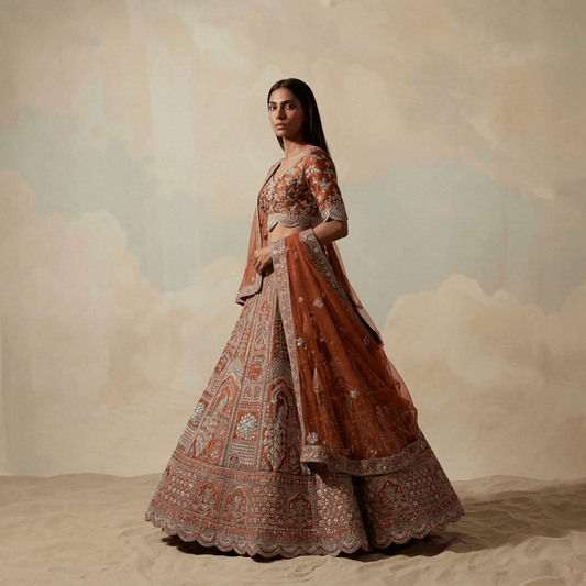 Sangria : Double Dupatta Rust Orange Peacock Bridal Lehenga