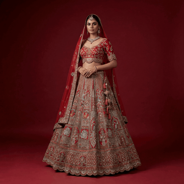 Sangria : Double Dupatta Royal Red Flared Handwork Bridal Lehenga