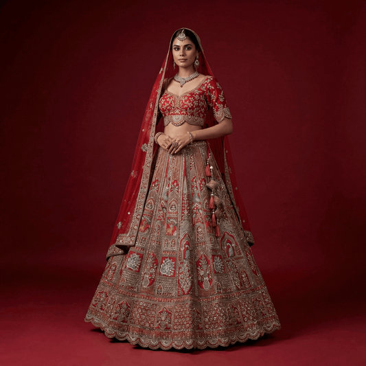 Sangria : Double Dupatta Royal Red Flared Handwork Bridal Lehenga