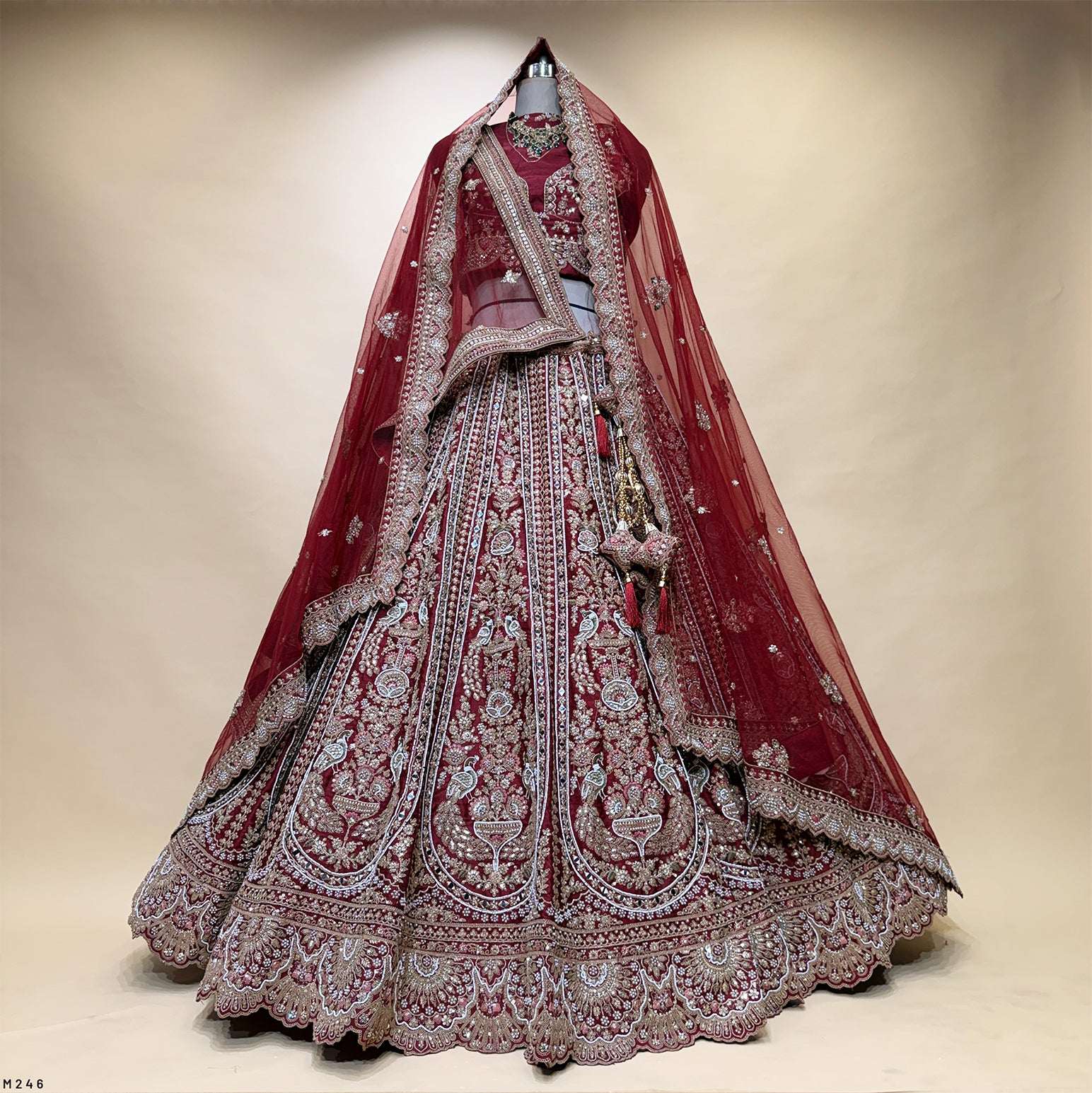 Sangria : Double Dupatta Maroon Handwork Wedding Bridal Lehenga