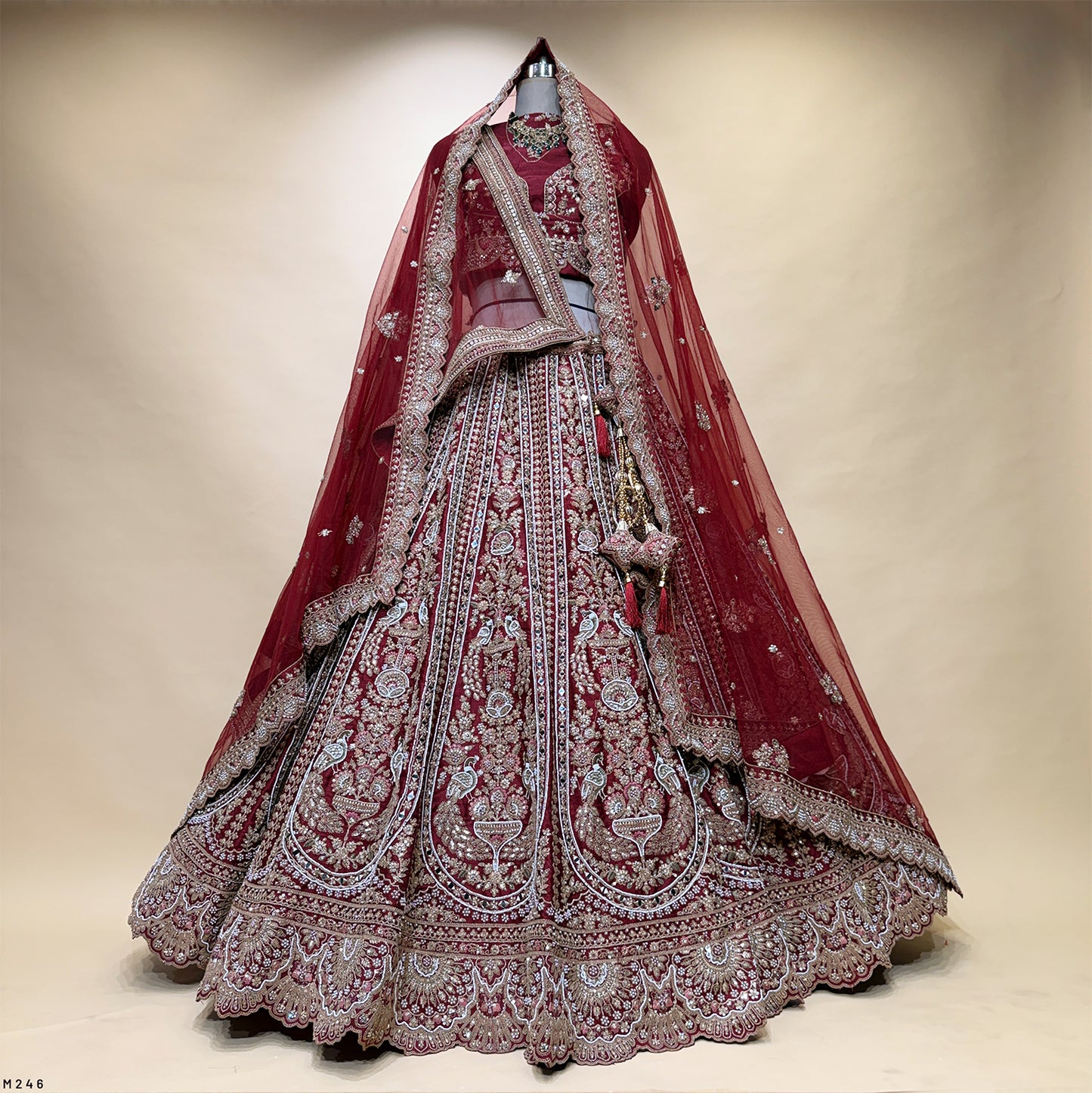 Sangria : Double Dupatta Maroon Handwork Wedding Bridal Lehenga