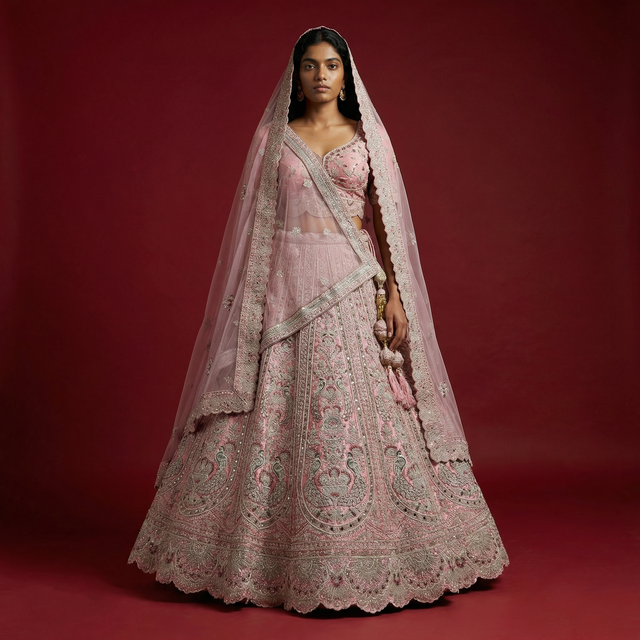 Soft pink bridal lehenga with double dupatta, ornate gold-tone and green embroidery