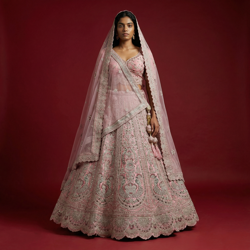 Rosé - Double Dupatta Handwork Soft Pink Wedding Reception Bridal Lehenga